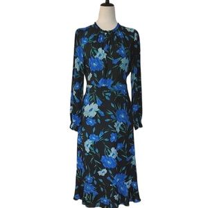 J. Crew Blue Floral Patterned Pleated Long Sleeve Ruffle Hem Midi Dress Size 10